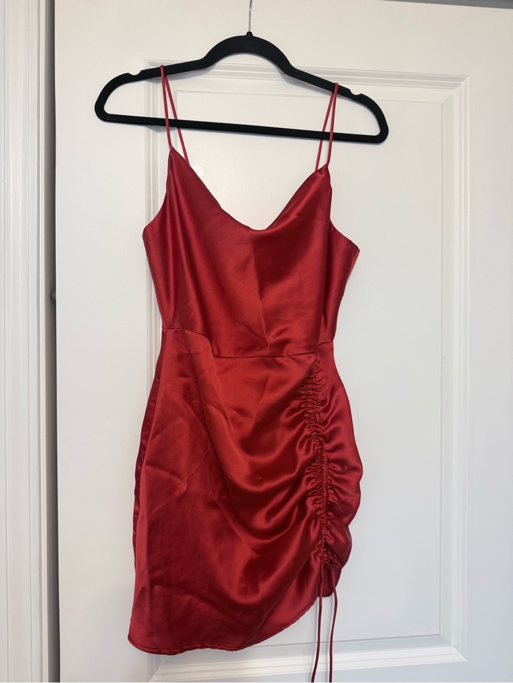 Zara Red Satin Cowl Mini Dress with Side Ruching